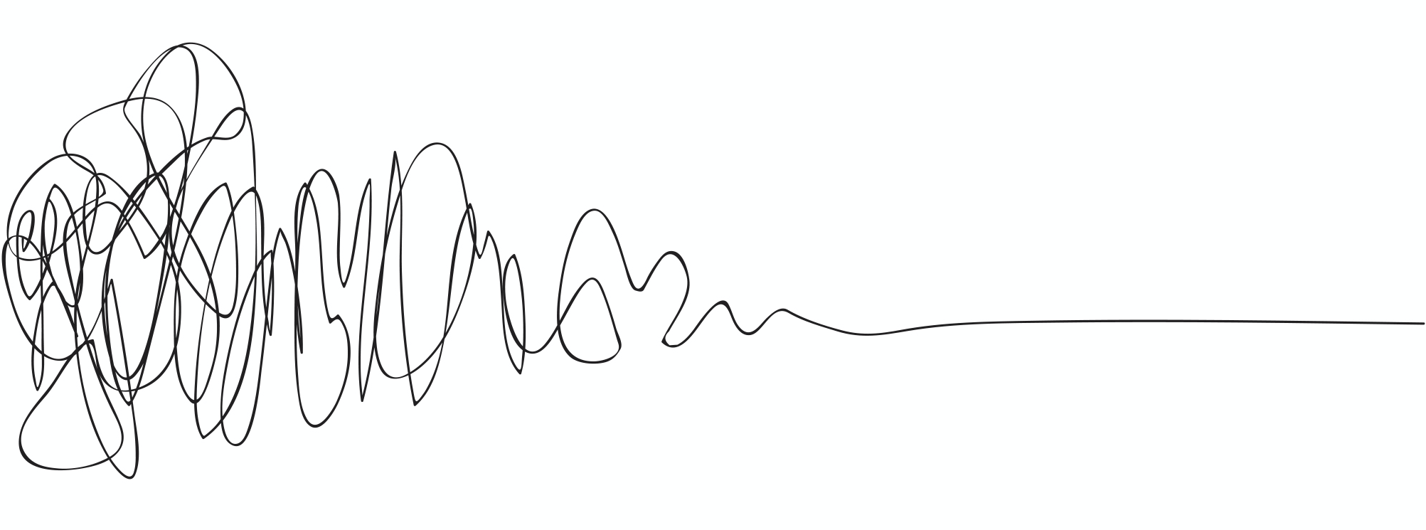 The Design Squiggle by Damien Newman - a squiggly tangled mess moving into a simple straight line, that demonstrates how the design process moves people from uncertainty to certainty.
