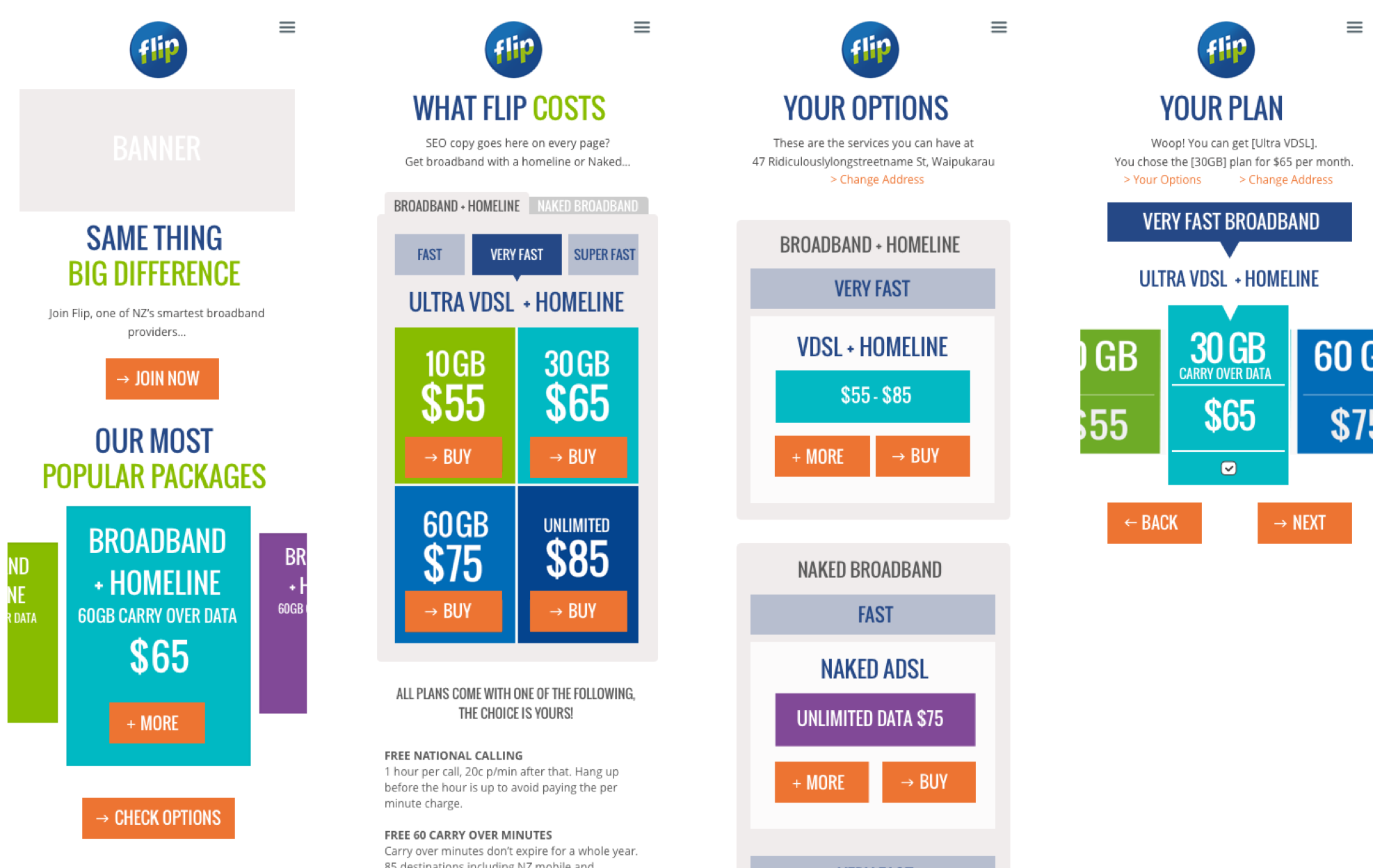 Flip responsive web mobile UX design screenshots