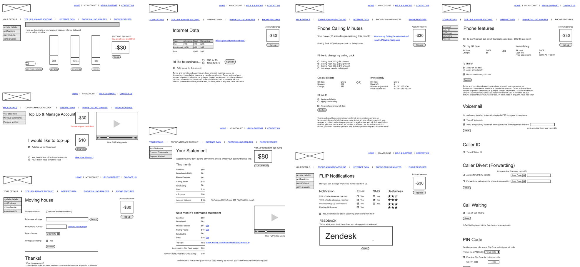 Flip self service portal UX wireframes